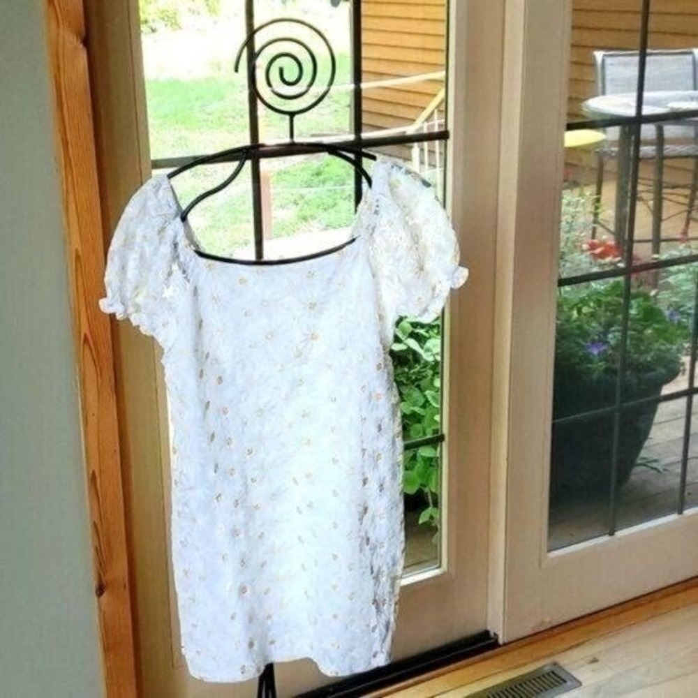 &merci White Gold Daisy Floral Lace Puff Sleeve Mini Dress Square Neck Medium